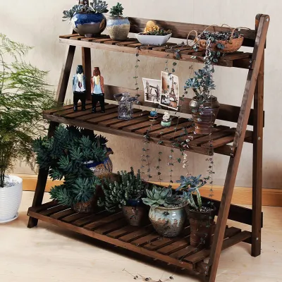 Vintage Wooden Plant Stand 2-Tier Foldable Flower Pot Rack Planter Display Holder for Balcony Garden Courtyard Storage