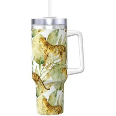 Cheetah Jungle Print 40 Oz Travel Tumbler With Handle Stainless Steel Insulated Cup With Straw