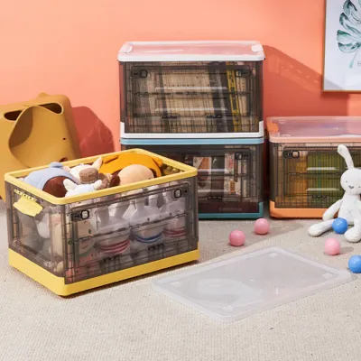 Plastic Storage Box with Lid Foldable Side-Opening Container Car Trunk Organizer with Handle Stackable Clear Storage Bin