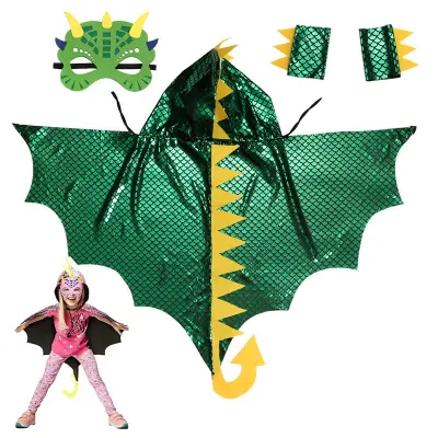Child Green Dinosaur Cloak with Mask Tail Wristbands Cosplay Costume Halloween Stage Performance Outfit Boys and Girls Gifts
