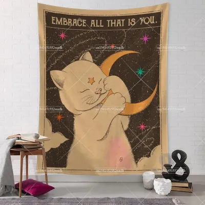 Sun Moon Tarot Tapestry Wall Hanging Boho Tarot Cat Kawaii Room Decor Psychedelic Hippie Tapestry Kids Room Bedroom Art Posters