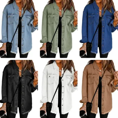 Washed Denim Jacket Women Autumn Tassel Lapel Jeans Jacket Female Casual Loose Long Sleeve Single Breasted Outerwear Shirts Coat