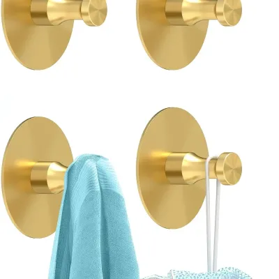 Adhesive Hooks for Walls No Damage 4 PCS, Heavy Duty Aluminum Towel Hooks for Bathroom, Shower, Hanging Loofah, Clothes, Robes
