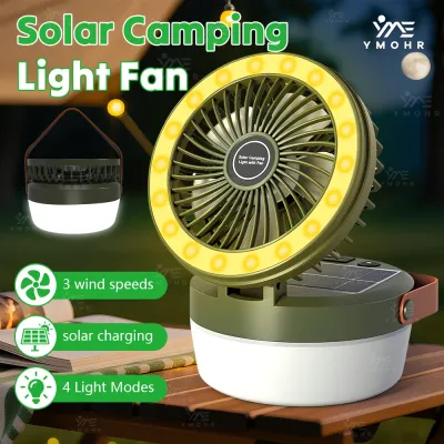 3-In-1 Solar Camping Light With Fan Hanging Outdoor Solar Lights USB Rechargeable LED Tent Light Power Bank Camping Lantern