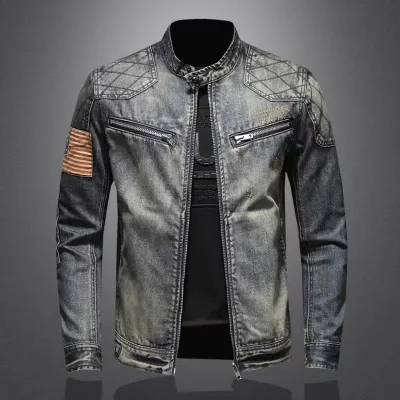 2024 new men's denim jacket trendy retro fashion casual stand-up collar zipper jacket handsome riding biker clothing denim tops