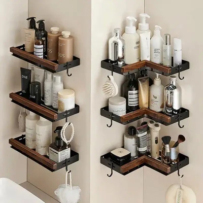 Walnut Bathroom Shelf Organizer, Adhesive Corner Vanity Rack, Over Toilet Storage, No Drill Mirror Mounted Triangle Shower Shelf
