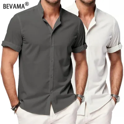 Summer Men's Short Sleeve Shirts Solid Color Stand Up Collar T Shirts Loose Casual Beach Shirt Breathable Male Linen Tops