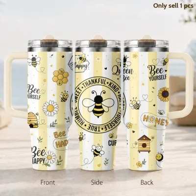Bee Happy Seamless Vacuum Flasks 40oz 3rd Gen Vacuum Insulated Stainless Steel Tumbler Cup With Handle Straw Lid