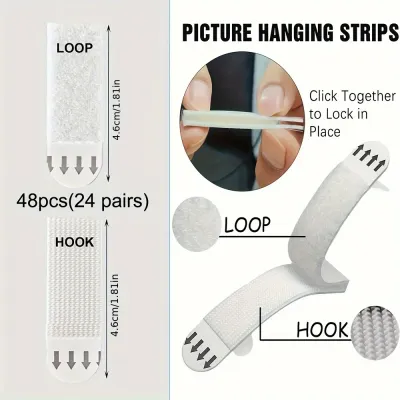 48Pairs No Drill Picture Hanging Strips, Heavy Duty Damage Free Adhesive Mounting Tape, for Home Wall Decor Hook Loop