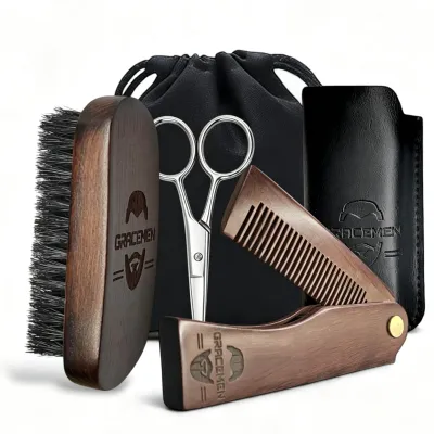 Gracemen Beard Kit - Retro Beard Brush & Premium Folding Comb & Stainless Steel Scissors Grooming Set for Men With Bag & PU Case