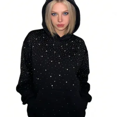 Rhinestone Studded Oversized Hoodie Women & Men Sparkle Starry Print Pullover Fall Winter Y2K Streetwear Punk Aesthetic