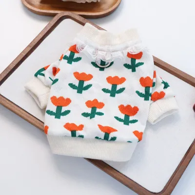 Tulip Flower Pet Knitted Sweater-White, Lace Bow D-Ring, Four-Legged Warm Outfit for Small Dogs & Cats, Cute Floral Print