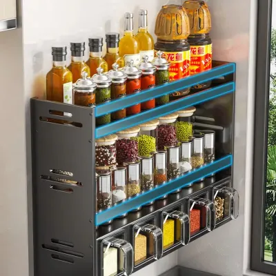 Wall-Mounted Spice Rack Organizer No-Drill Removable Shelf Multi-Function Storage for Oil Salt Vinegar Kitchen Countertop Space