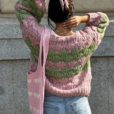 Women Stripe Pattern Cardigan Sweaters Tops Oversized Chunky Long Sleeve Cropped Knit Top Vintage Open Front Color Block Outwear
