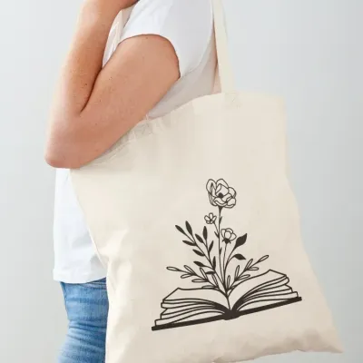 Open Book with Flowers, Floral Book, Minimalist Tote Bag Cloth bag tote bags aesthetic Handbags women tote bag