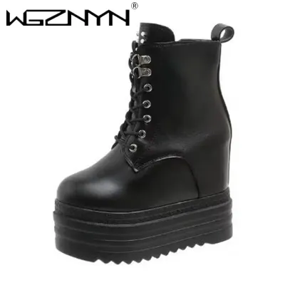Brand Punk Style Women 12CM Platform Wedges Boots Autumn Soft Leather Fashion Metal Rivet Female Lace Up High Heel Gothic Shoes