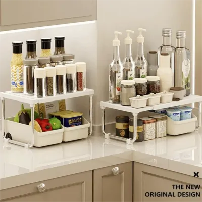 Layered Organizer Kitchen Extendable Shelf Adjustable Space Saving Counter Storage Shelf Extendable Shelf Cabinet Organizer