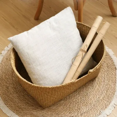 Large Foldable Handle Rush Basket Handwoven Laundry Toy Storage Bin Organizer with Reinforced Iron Frame for Home Organization