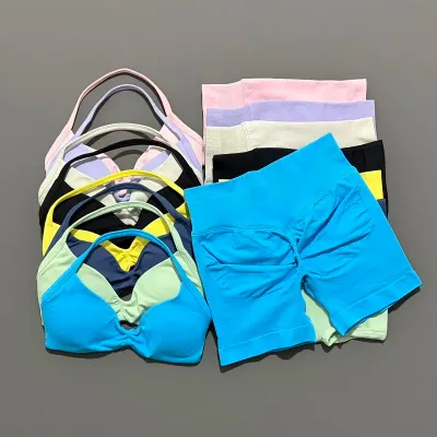 HISTELLO Sports Set 2 Piece Women Strappy Gym Yoga Bra Workout Scrunch Shorts Fitness Sports Suit Clothes Seamless Yoga Set
