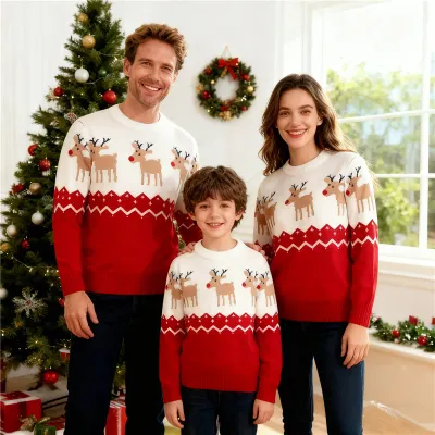 Christmas Family Matching Sweater Winter Xmas Cartoon Elk Print Warm Knitwear Adult Kids Long Sleeve Pullover Tops Streetwear