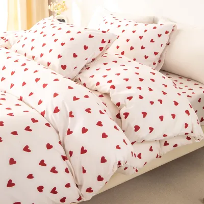 3pcs/set Small Red Heart Printed Duvet Cover Set(1 Duvet Cover & 2 Pillowcase)Soft And Skin-Friendly Duvet Cover Bedding Set For