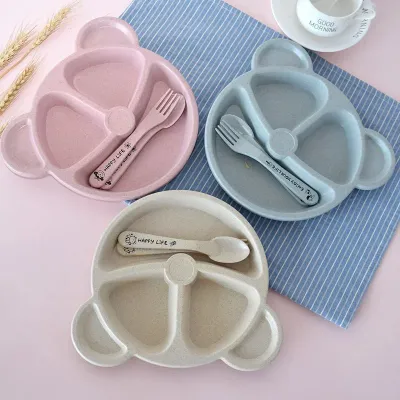 3Pcs/set Wheat Straw Baby Dishes Cartoon Tableware Set Kids Dinner Platos Baby Feeding Plate Training Bowl Spoon Fork Tableware