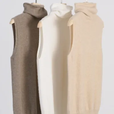 Women 100% Merino Wool Sleeveless Pullovers Turtleneck Sweater Waistcoat Wool Knitwear Spring Autumn Winter Fashion Vest Tops
