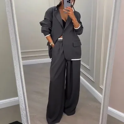 Women's Fall Spring 2 Piece Blazer Outfits Office Lady Business Professional Casual Oversize Jacket Wide Leg Work Pants Suit Set