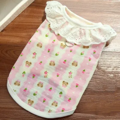 Cute Cartoon Print Lace Collar Dog Vest Thin Soft Pet T-Shirt with D-Ring Breathable Cat Cooling Vest for Small Dogs Cat