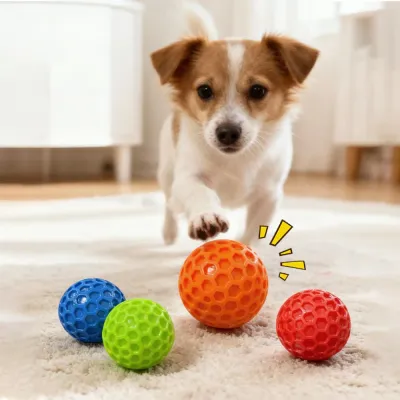 Tough Natural Rubber Dog Chew Toy Indestructible Squeaky Ball for Aggressive Chewers Beef Flavor Hexagonal Design Dental Health