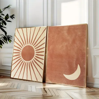 2pcs/set Boho Moon Sun Canvas Print Poster Modern Minimalist Abstract Art Prints Bedroom Wall Art Autumn Home Decor Art Poster