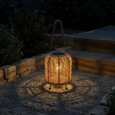 Handwoven Solar Lantern Braided Rope Handle Handwoven Rattan Lantern Solar Hanging Light Rechargeable Battery Outdoor Decoration