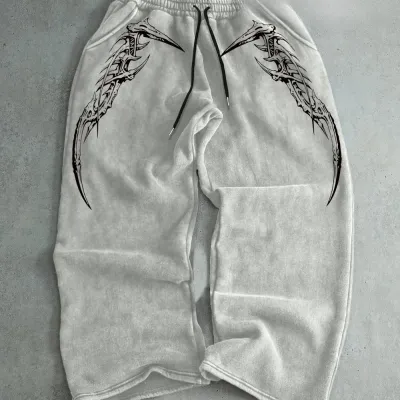 Men's drawstring loose-fitting sweatpants with skull print, casual long pants, trendy and stylish straight-leg sweatpants