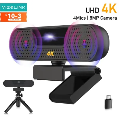 VIZOLINK 4K UHD Webcam 8MP 4 Noise Cancelling Mics Auto Focus USB Web Camera For PC  Zoom Teams Google Meet Streaming Webcam