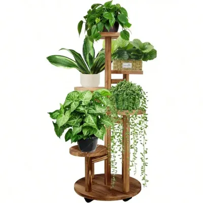 5 Tiered Tall Plant Stand Indoor, Wood Plant Shelf Corner Display Rack, Multi-Tier Planter Pot Holder Flower Stand Living Room Balcony Garden Patio (Brown)