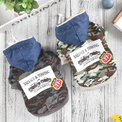 Camouflage Sweatshirt Dog Winter Clothes With Denim Hat Warm Pet Hoodie Coat XS 4L French Bulldog Pug Small Medium Puppy Apparel