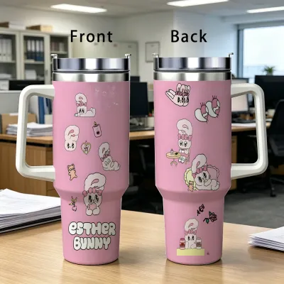 E-Esther Bunny Cute Vacuum Flasks 40oz Stainless Steel Insulated Tumbler with Handle Straw