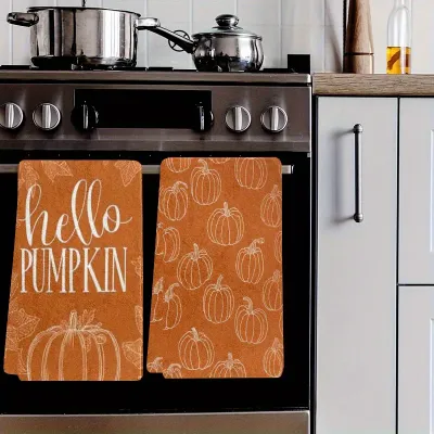 2Pcs Hello Pumpkin Kitchen Towels Orange White Line Art Pumpkin Dish Towel Fall Autumn Farmhouse Thanksgiving Home Decor Gift