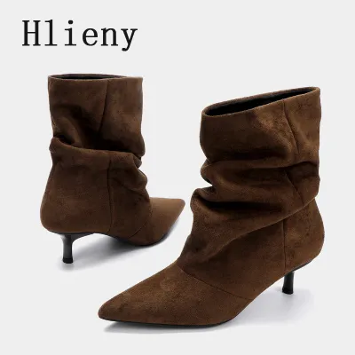 Liyke Brown Retro Elegant Designer Ankle Boots Women Fashion Pleated Suede Autumn Winter Low Thin Heels Party Prom Chelsea Shoes