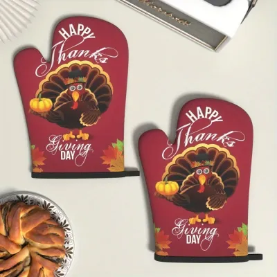 2pcs Oven Mitts Thanksgiving Turkey Red Leaves Heat Resistant Kitchen Oven Gloves Suitable for Cooking, Home Oven, Baking, BBQ