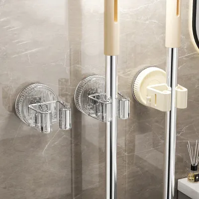 Suction Cup Mop Clip Holder Wall Mounted Mop Brush Hanger Fixed Rack Kitchen Bathroom Organizer Shelf Hook Accessories