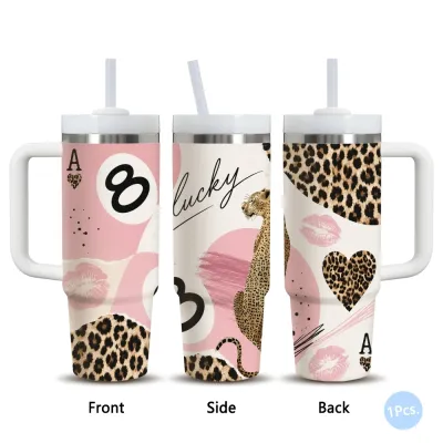 Pink leopard print billiards 8 Vacuum Flasks 40oz Stainless Steel Insulated Tumbler with Handle & Straw Leakproof Travel Mug