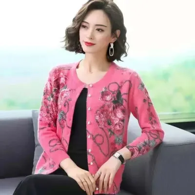 Fashion Autumn Winter Printed Coat Knitted Clothes 2024 New Plus Size Mother Loose Hot Drilling Cardigan Sweater Primer Shirt