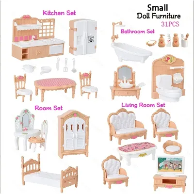 Miniature Dollhouse Furniture Accessories - Bedroom, Living Room, Kitchen, Bathroom Pretend Play Toy Set