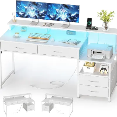 53" Reversible Computer Desk with LED Lights, 4 Drawers, Power Outlets & Monitor Stand for Home Office Gaming Study