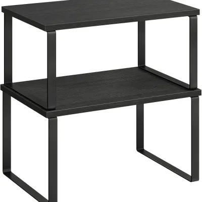 Stackable Expandable Kitchen Counter Shelf, Set of 2, Metal & Wood, Spice Rack, Storage Organizer, Black