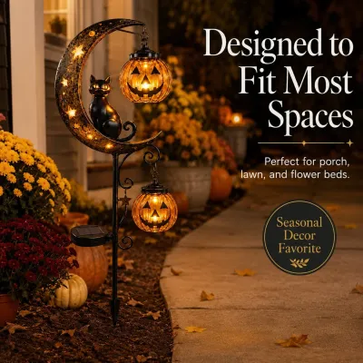 Solar Halloween Black Cat & Pumpkin Moon Garden Stake Light, Solar Garden Decoration, Outdoor Waterproof Metal Pumpkin Stake