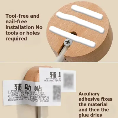 Space Saving No Drilling Wall Mount Hook Solid Wood Self-Adhesive Wood Hook Reusable Walnut Finish Bathroom Hook Door Hanging
