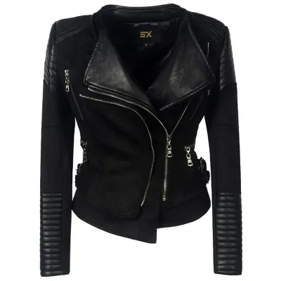 New in Jackets Women Deerskin Fleece Zipper Spliced PU Jacket Faux Leather Slim Jackets Lady Autumn Winter Black Fashion Coats