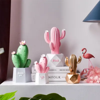 Pink Resin Cactus Desk Decor - Mini Succulent Ornament for Girls, Self Care Gift for Women Office & Home